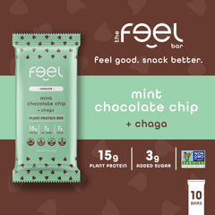 FEEL mint chocolate chip bar bite close-up showing clean plant protein and chewy texture.