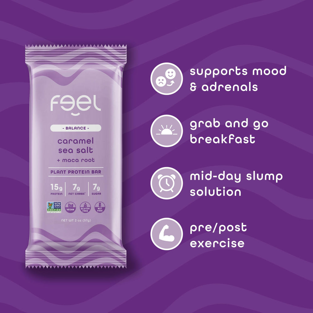 FEEL Vitality maca root nutrition panel emphasizes 15g plant protein