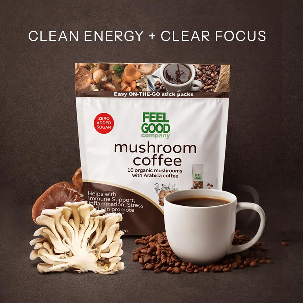 FeelGood Mushroom Coffee arabica-beans origin image highlights rich aroma