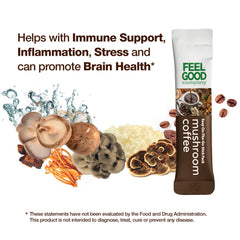 FeelGood Mushroom Coffee foil-pack close-up highlights freshness and portability
