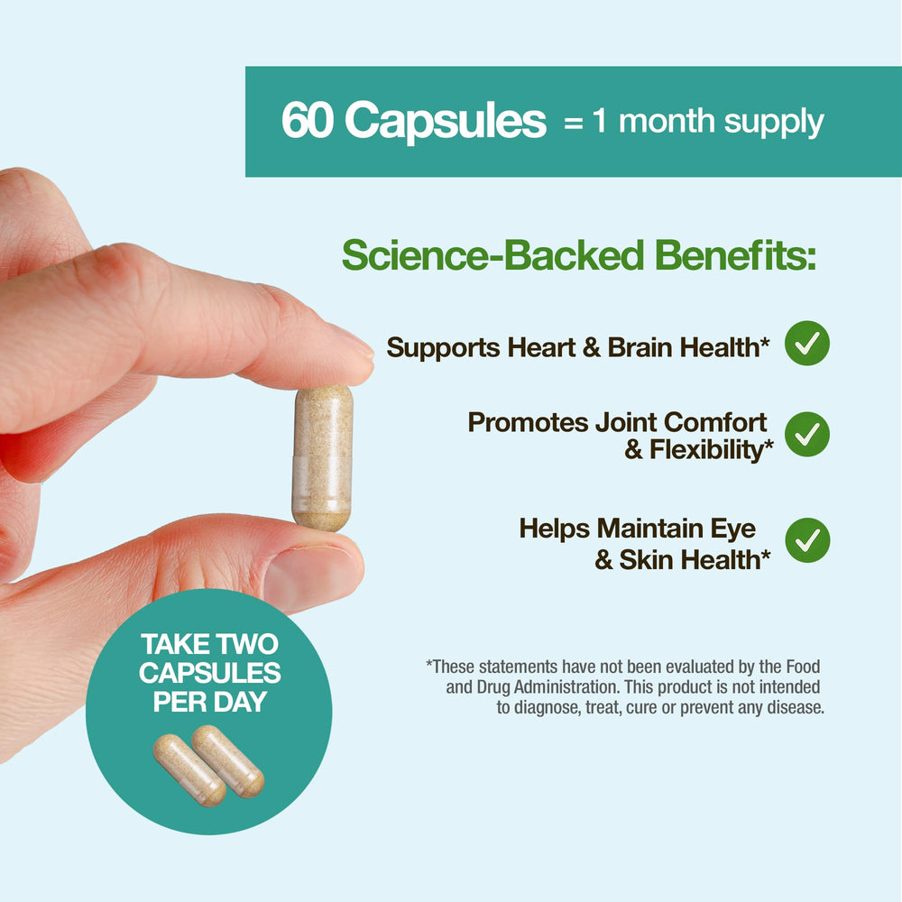 FeelGood Omega-3 two-capsules serving arranged for daily use and easy dosing.
