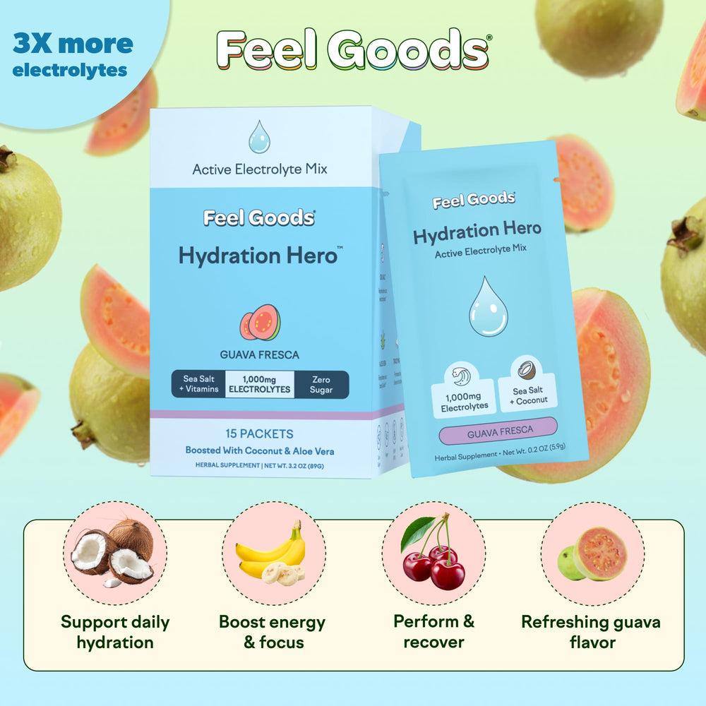 Feel Goods Hydration Hero electrolyte powder packet being poured into water for quick hydration.