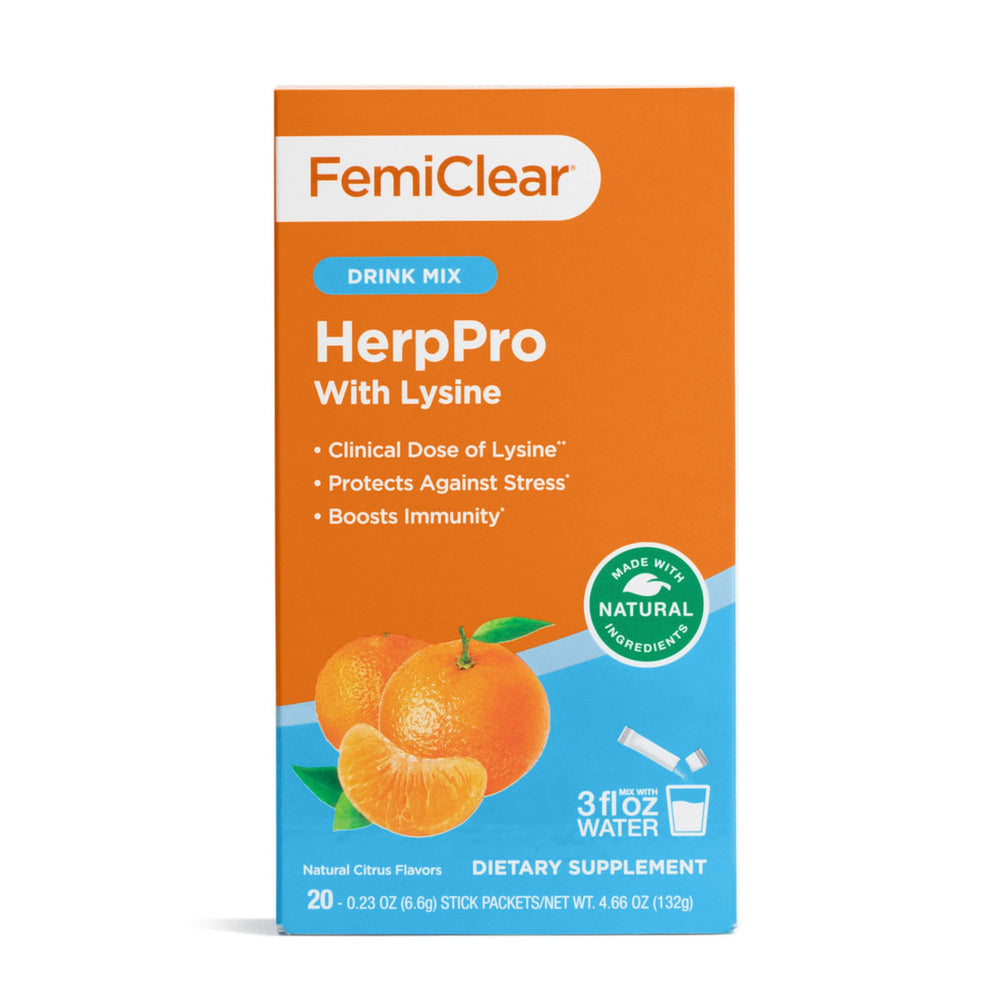 FemiClear HerpPro Drink Mix bottle dissolving powder for daily immune support.