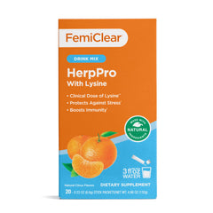 FemiClear HerpPro Drink Mix bottle dissolving powder for daily immune support.