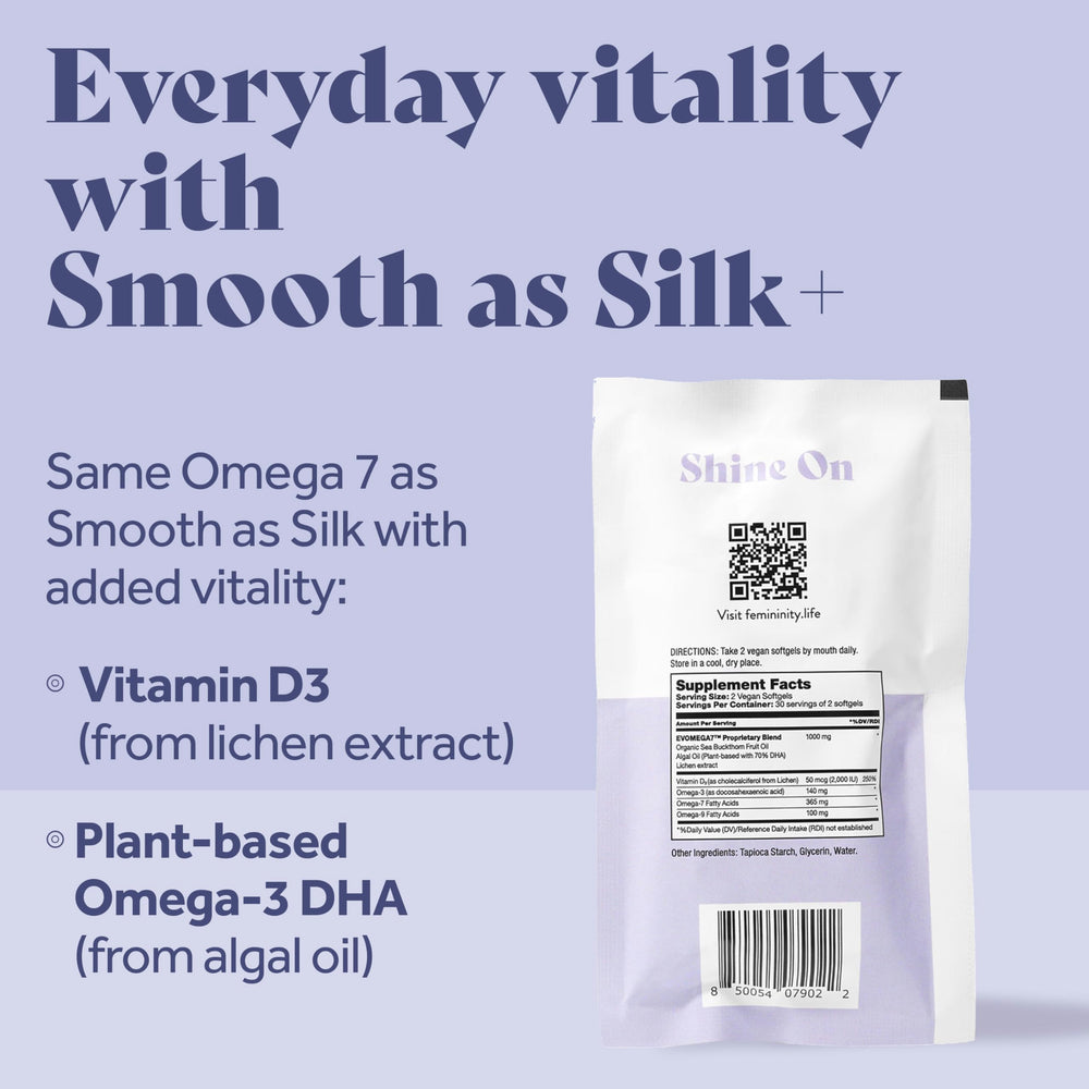 Closeup of Femininity Smooth as Silk+ softgels for convenient daily intake