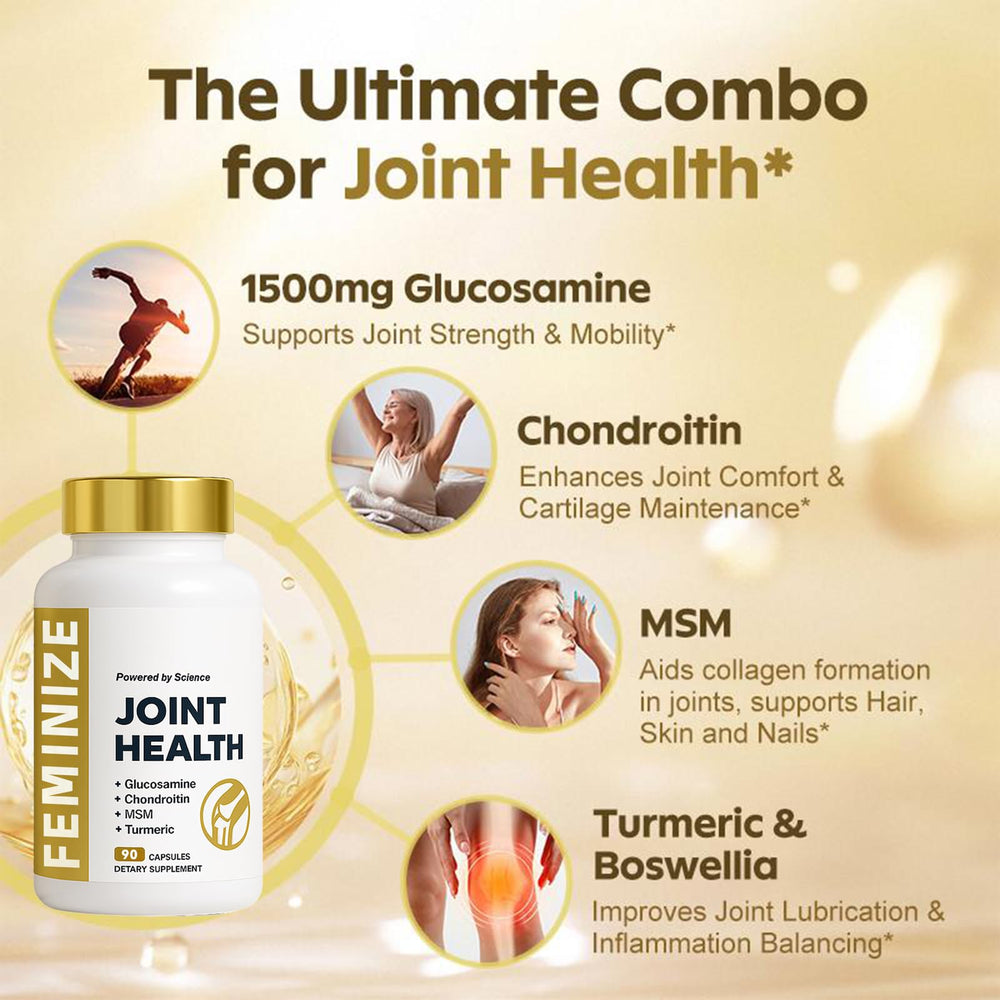 FEMINIZE AlluraJoint ingredient scene emphasizes glucosamine and chondroitin tablets.