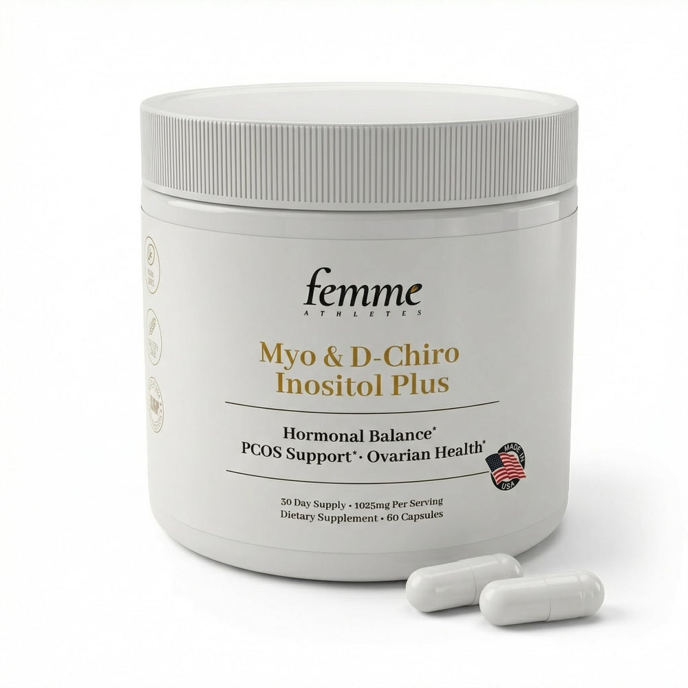 Femme Athletes Myo-Inositol capsules close-up, potential hormone balance.