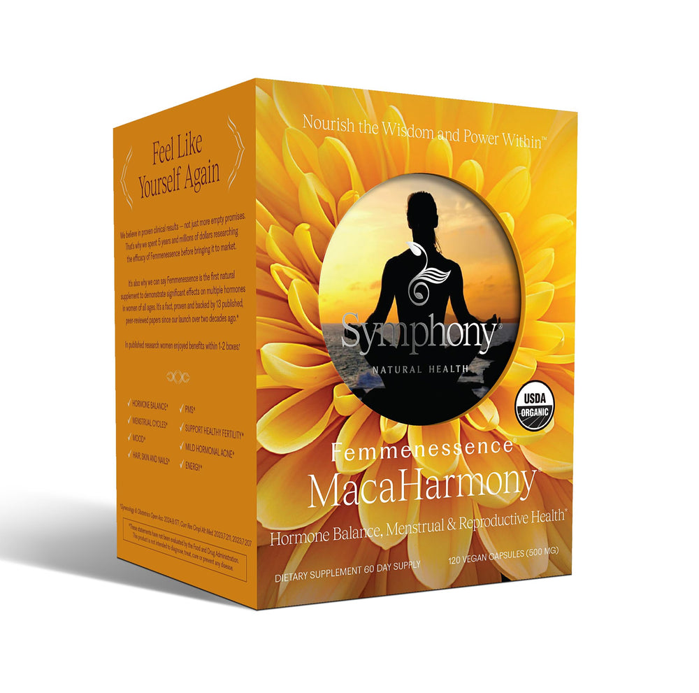 Femmenessence MacaHarmony bottle front for menstrual balance support.