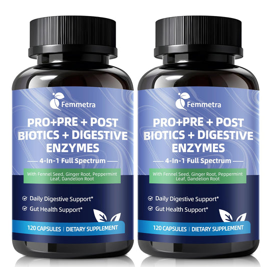Femmetra digestive enzymes bottle shows the 4-in-1 formula for gut support