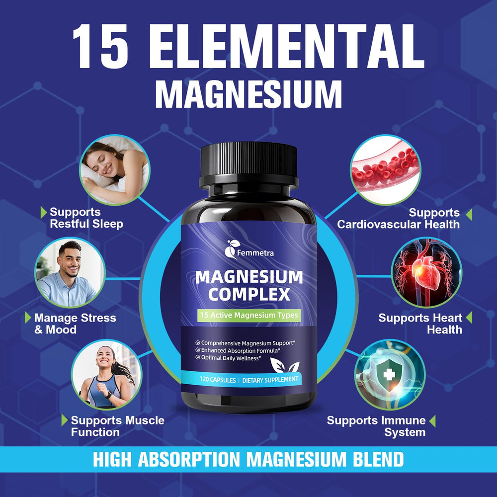 Front view of Femmetra Magnesium Complex bottle highlighting vegan-friendly packaging