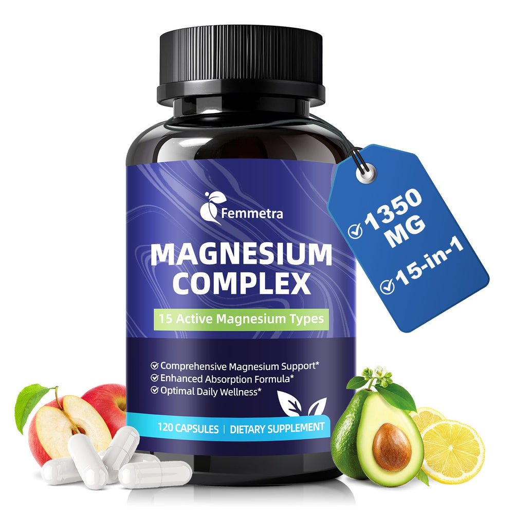Educational graphic showing 15 magnesium forms inside Femmetra Complex