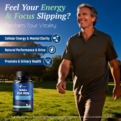 Femmetra NAD prostate-support ingredients on bottle with saw palmetto, pumpkin seed, and lycopene.