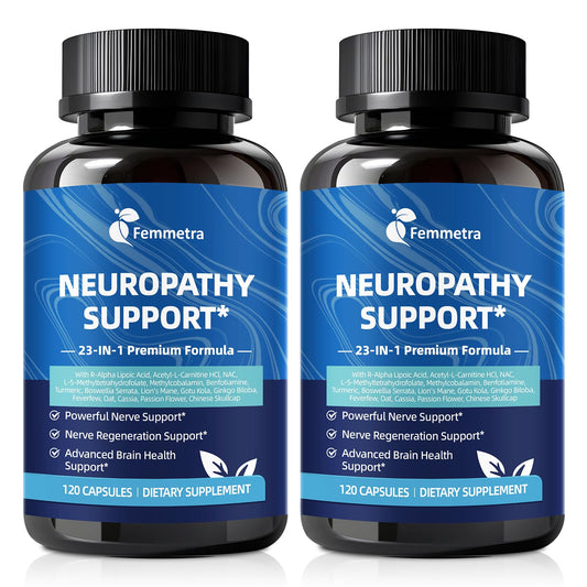 Femmetra Nerve Support bottle promotes nerve health and daily energy