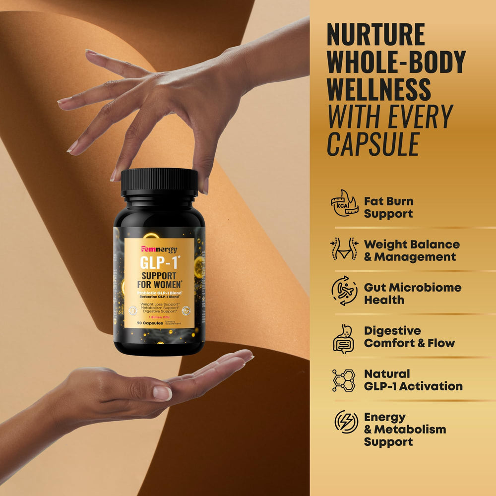 Close-up of the Femnergy GLP-1 Support bottle label with product information.