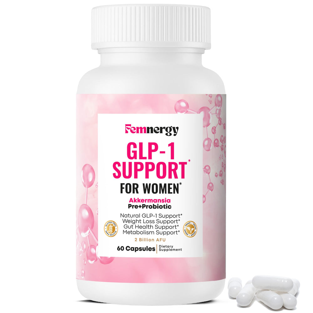Femnergy GLP-1 Support for Women bottle highlights daily probiotic blend for gut balance.