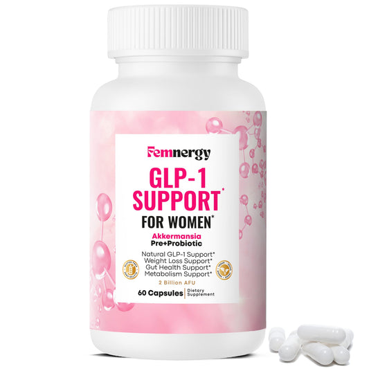 Femnergy GLP-1 Support for Women bottle highlights daily probiotic blend for gut balance.