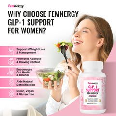 Femnergy GLP-1 Support for Women capsules close-up emphasizing appetite balance and natural energy.