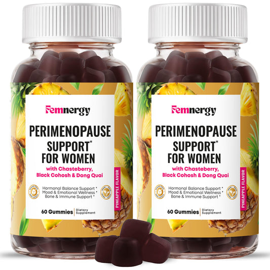 Femnergy Perimenopause gummies bottle front showing pineapple flavor for daily mood support