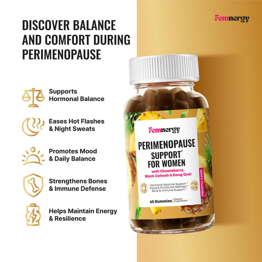 Open Femnergy Perimenopause bottle illustrating easy daily routine and dosage