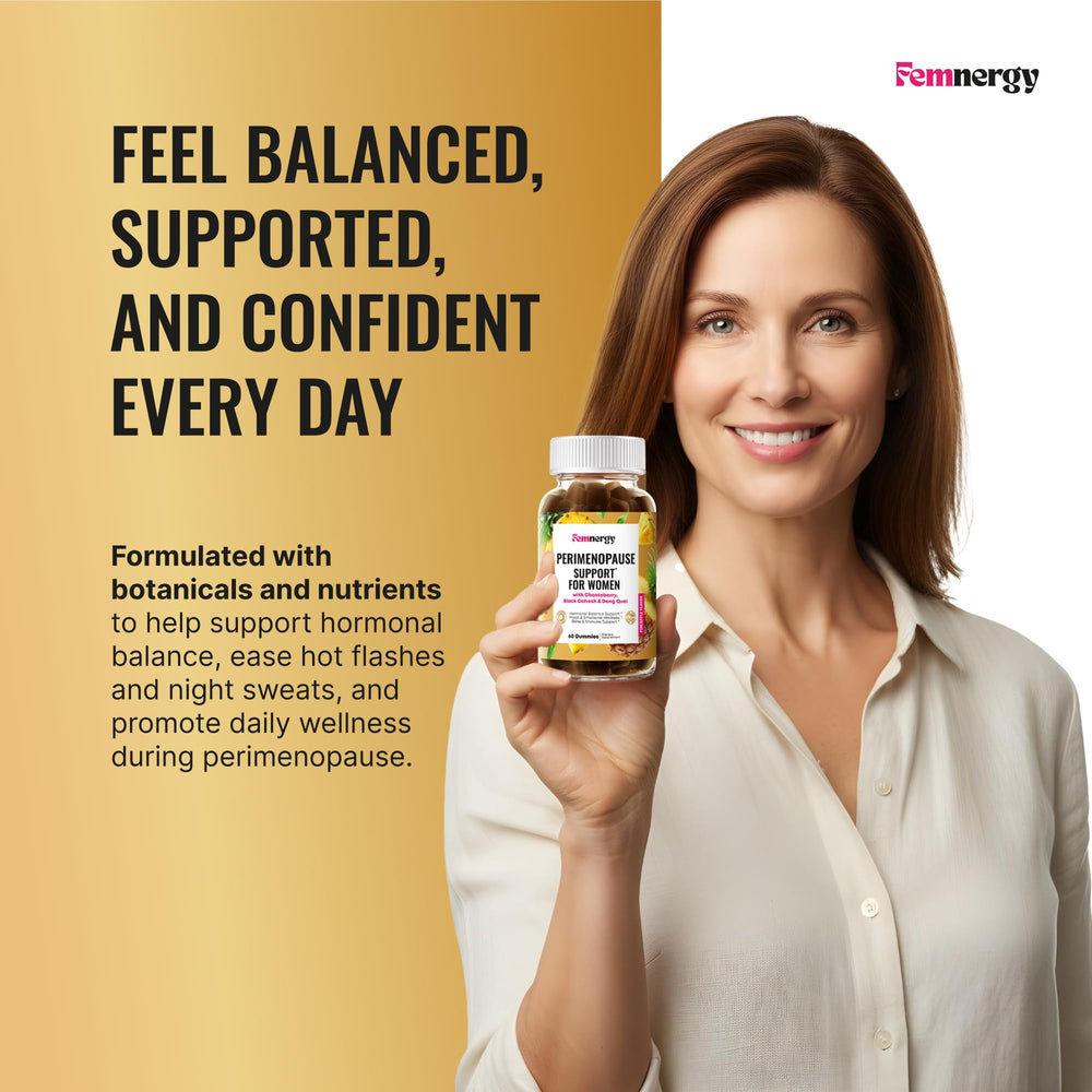Close-up of Femnergy Perimenopause gummies texture highlighting vegan, sugar-free formula