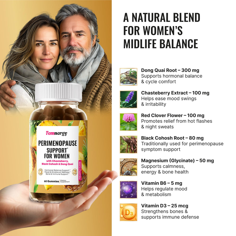 Visual of Femnergy Perimenopause ingredients blend with chasteberry and black cohosh