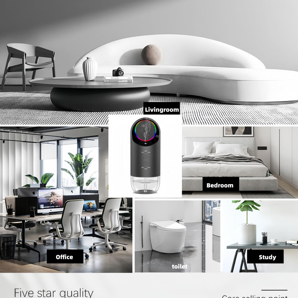 Fenpos diffuser-controls showing spray interval and 45-degree anti-roll safety feature