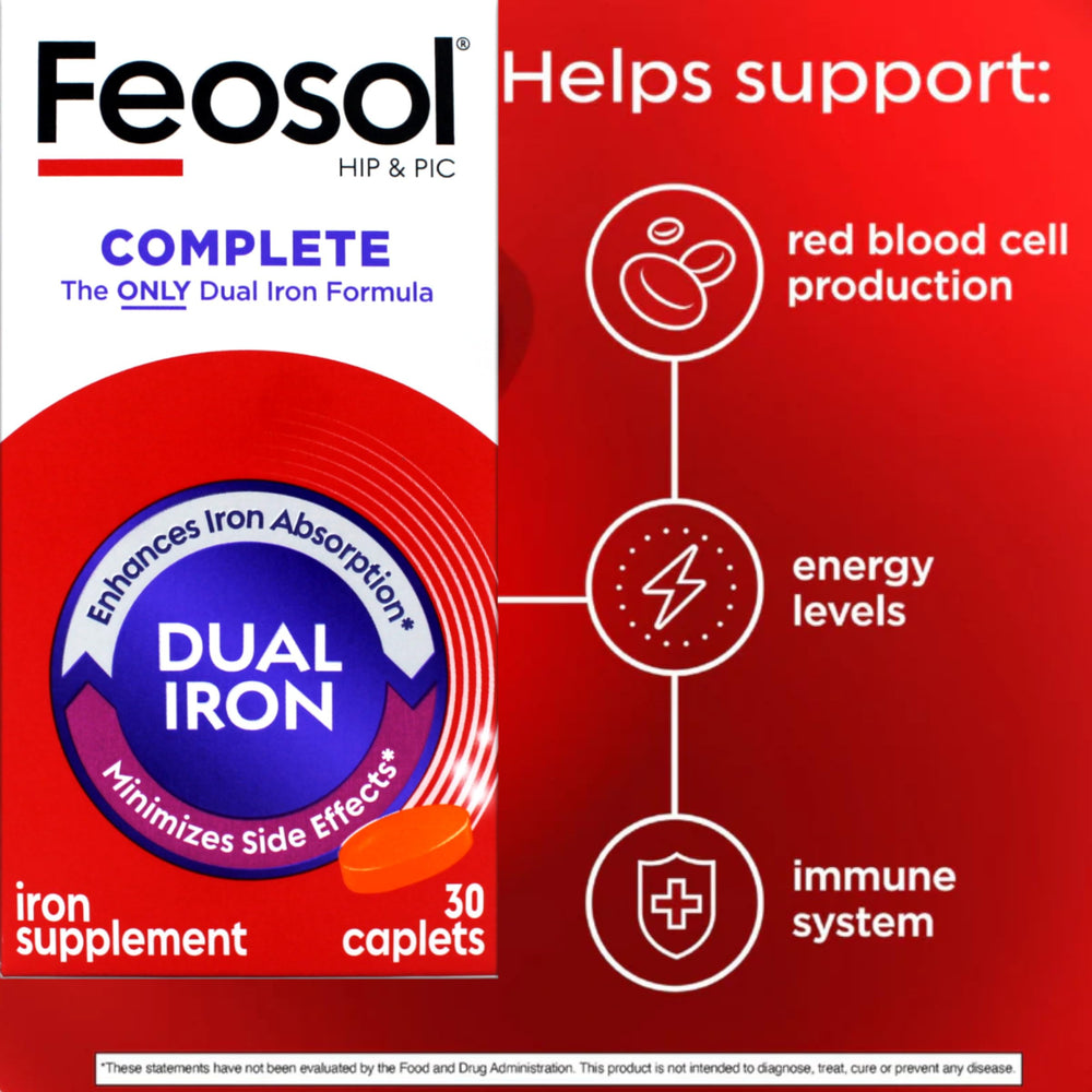 Feosol Complete caplets on textured surface evoke premium iron supplementation.