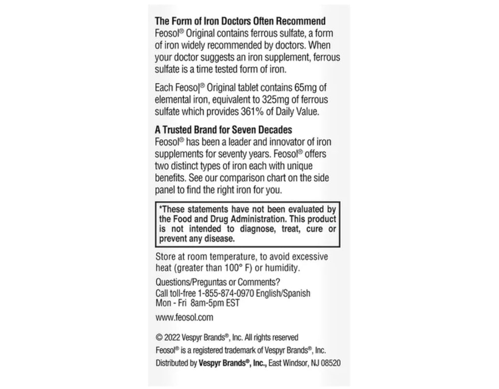 Feosol Original dosage info close-up highlighting 65 mg iron