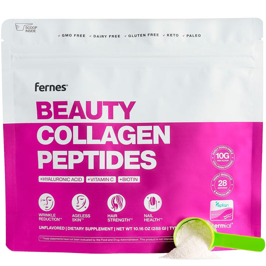Fernes Collagen powder bottle on a kitchen counter for daily beauty support.