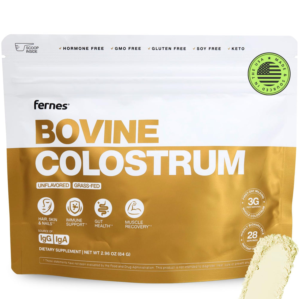Fernes grass-fed colostrum powder bottle ready for daily use.