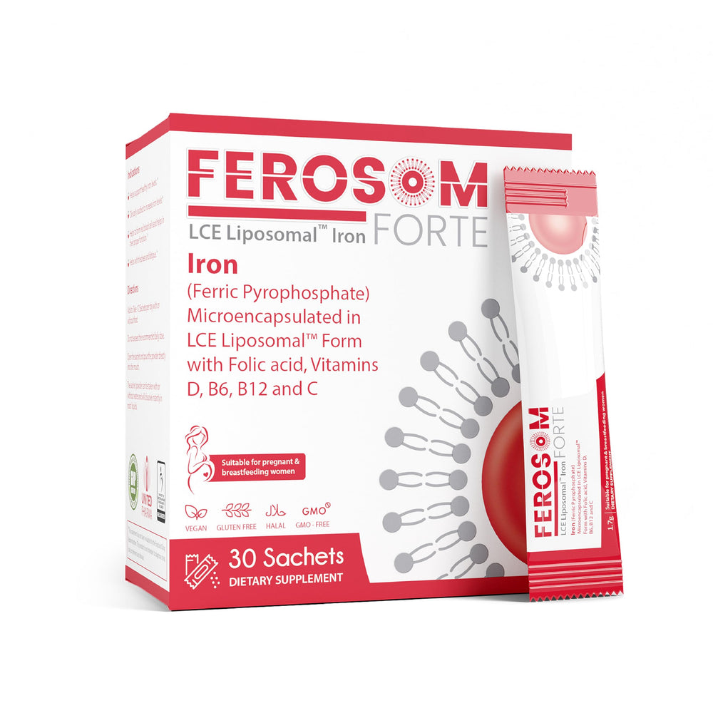 FEROSOM FORTE liposomal iron bottle pour for easy daily dosing and gentle iron.