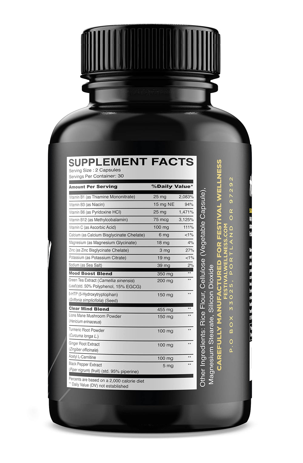 Harmony capsules close-up highlighting 5-HTP and B vitamins for recovery.