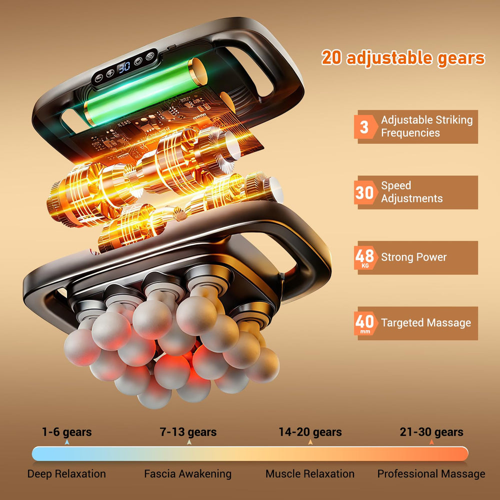 Feyano massage gun with 30-speed control for precise targeting.