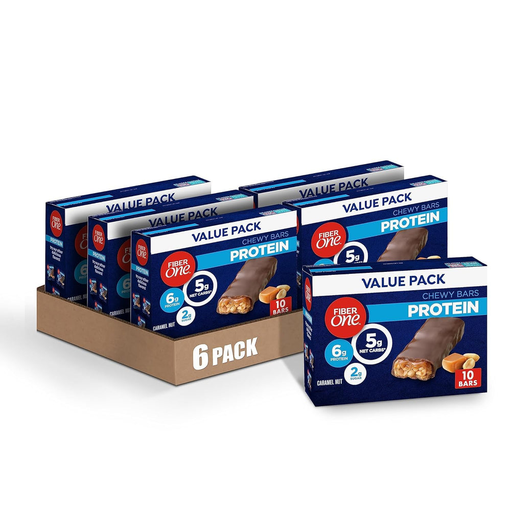 Fiber One caramel nut chewy bar front view promotes protein-packed energy for busy mornings
