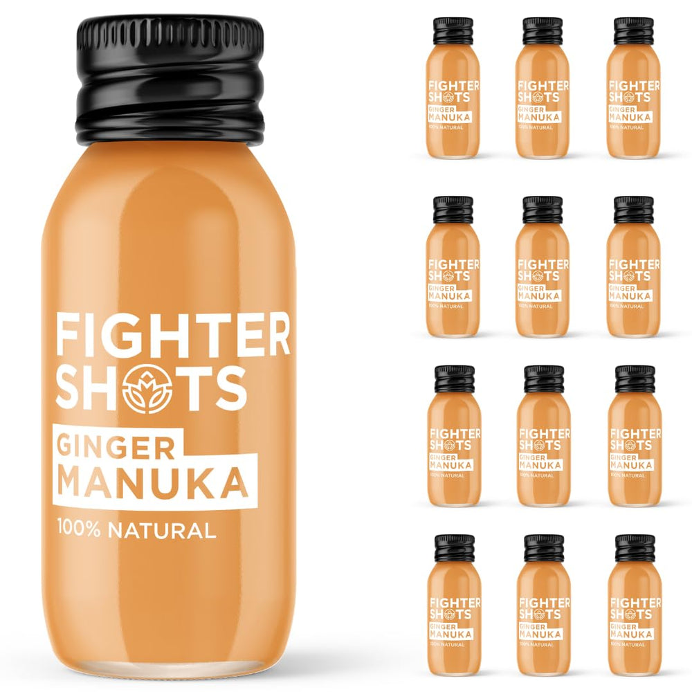 Fighter Shots Ginger Manuka Honey bottle shows fiery ginger and lemon notes for energy.