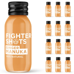 Fighter Shots Ginger Manuka Honey bottle shows fiery ginger and lemon notes for energy.