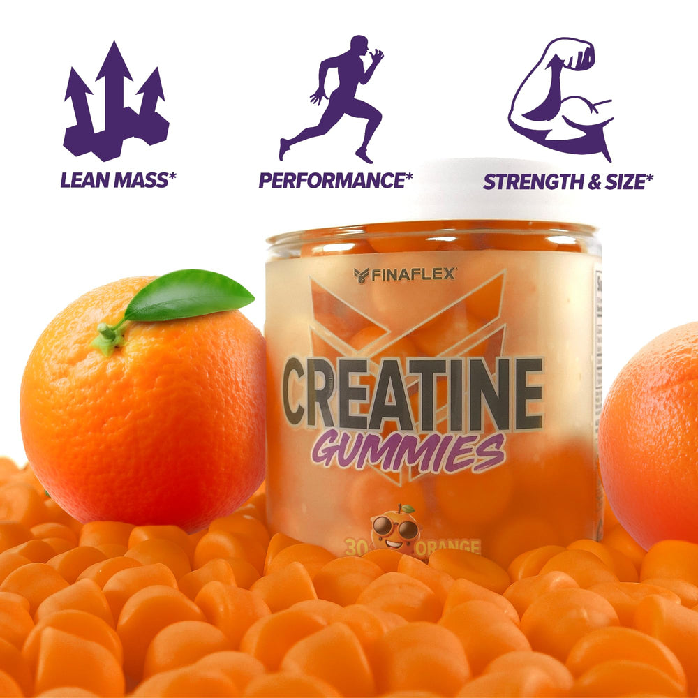 FINAFLEX Creatine Gummies bottle label emphasizes 5g creatine per serving