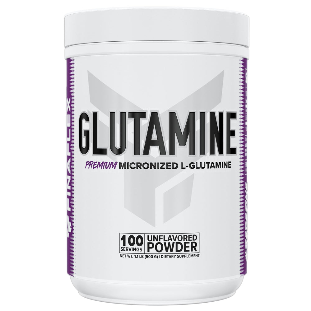 FINAFLEX Pure Glutamine unflavored bottle label highlights pure L-glutamine for recovery.