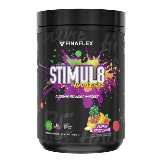 FINAFLEX STIMUL8 HARDCORE canister with bold branding highlighting premium pre-workout energy