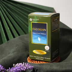 FINE JAPAN Fucoidan vegetarian capsules on display show vegetarian-friendly supplement.