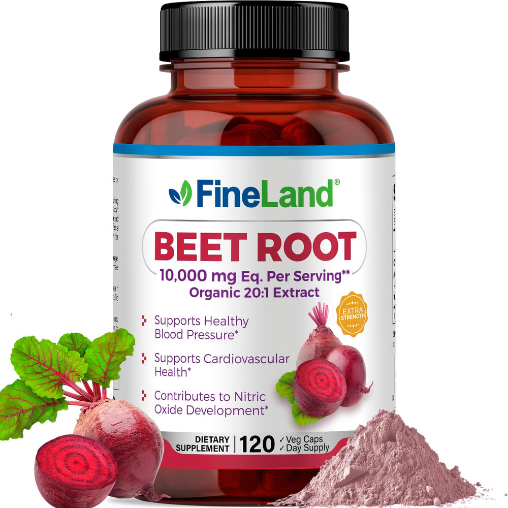 FineLand Beet Root Capsules bottle front highlighting 10,000 mg equivalent for circulation support