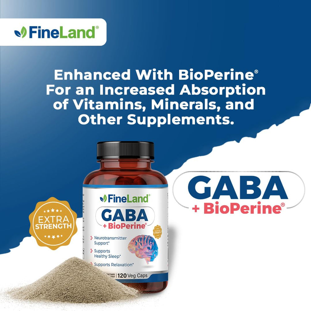 FineLand GABA capsules closeup highlighting vegan formula and purity.