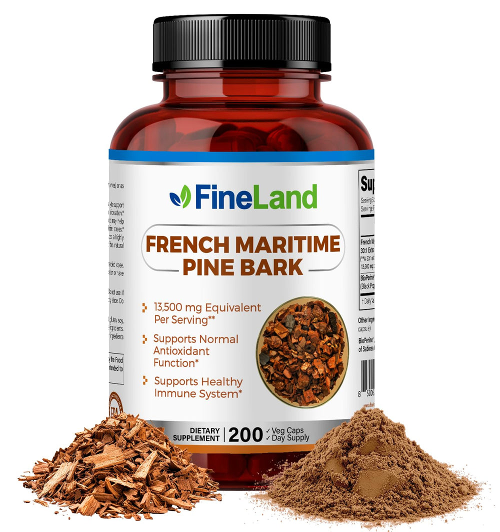 FineLand pine bark capsule close-up showing 450 mg potency for antioxidant support.