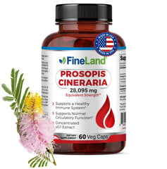 FineLand Prosopis Cineraria 40:1 extract bottle showing full-spectrum formula for arterial support