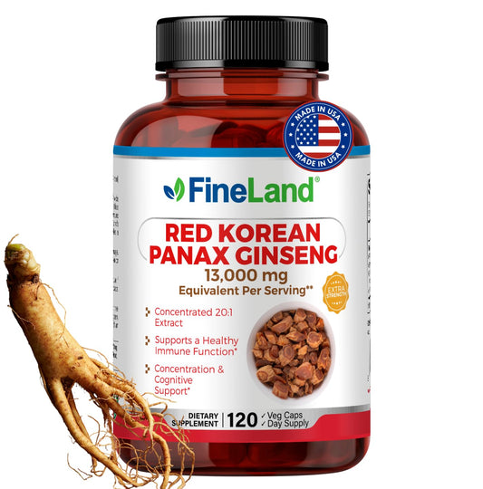 FineLand Red Korean Panax Ginseng bottle shown with 20:1 extract for daily energy support.