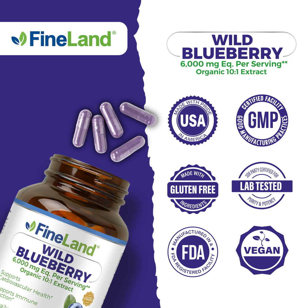 FineLand Wild Blueberry bottle with glass, ideal daily ritual.