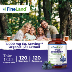 Close-up of FineLand Wild Blueberry label showing high-strength formula.