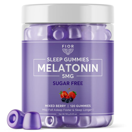 FiOR Sugar Free Sleep Gummies bottle showcases natural melatonin support for restful evenings.