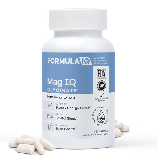 FIQ Formula IQ Mag IQ bottle demonstrates high-absorption magnesium glycinate for daily energy.