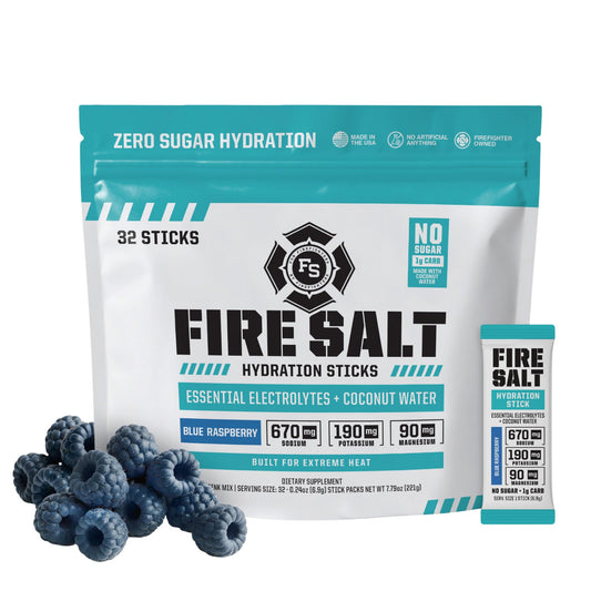 Fire Science Fire Salt hydration stick in blue raspberry for on-the-go hydration.